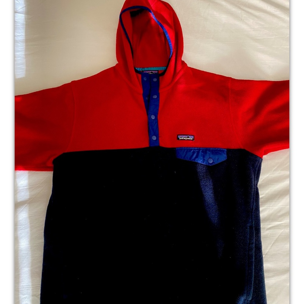 Patagonia Mens Large Synchilla Hoodie Pullover Fleece Jacket Red Navy